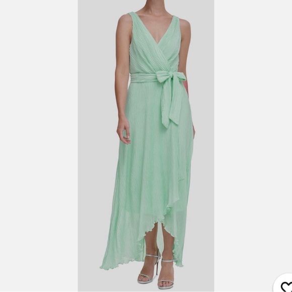 DKNY Mint Green Pleated Wrap High Low Chiffon Belted Dress Women Size 14 Party - Picture 3 of 13